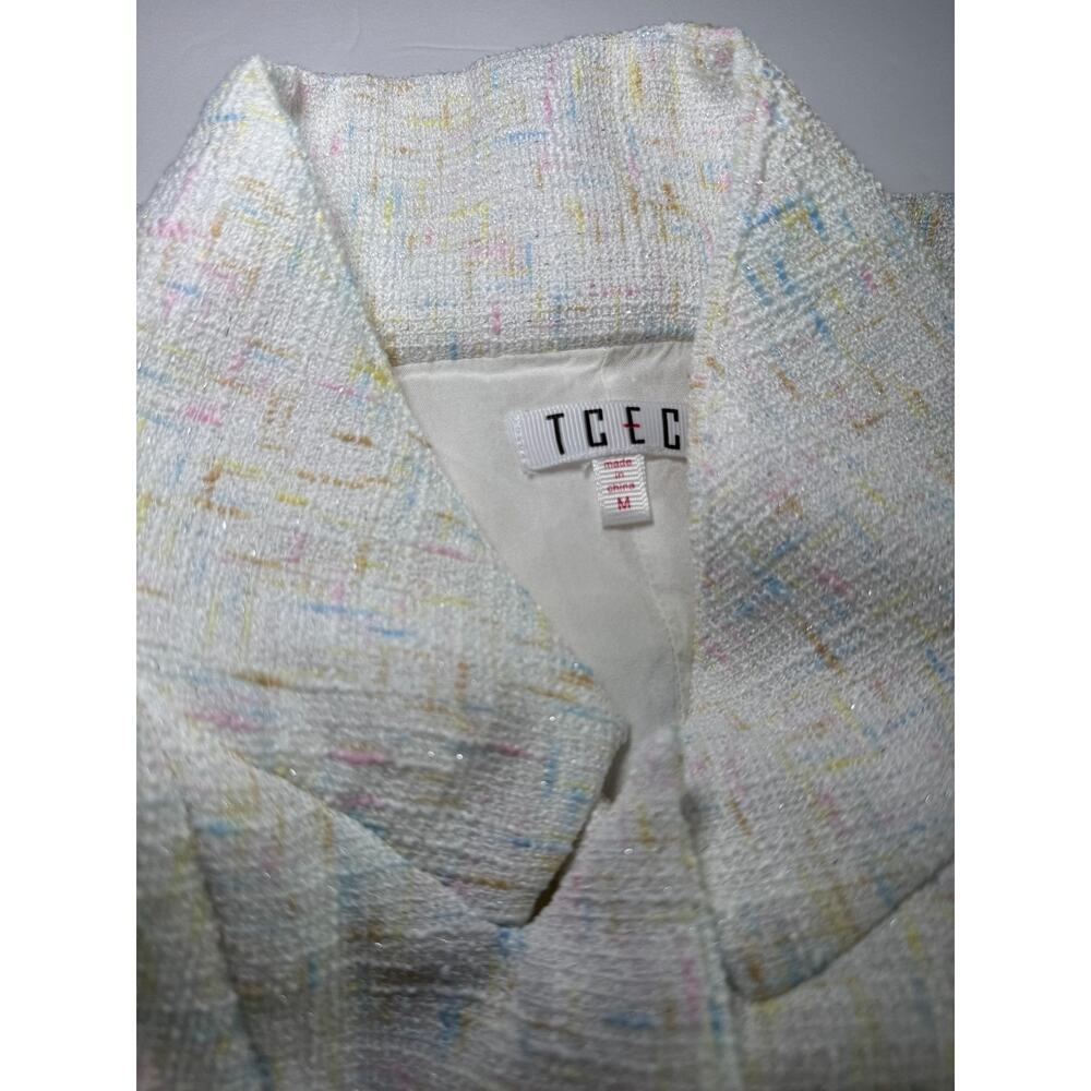 TCEC Blazer Womens Medium Ivory Tweed Pastel Speckled Open Front Jacket Career - Picture 2 of 8